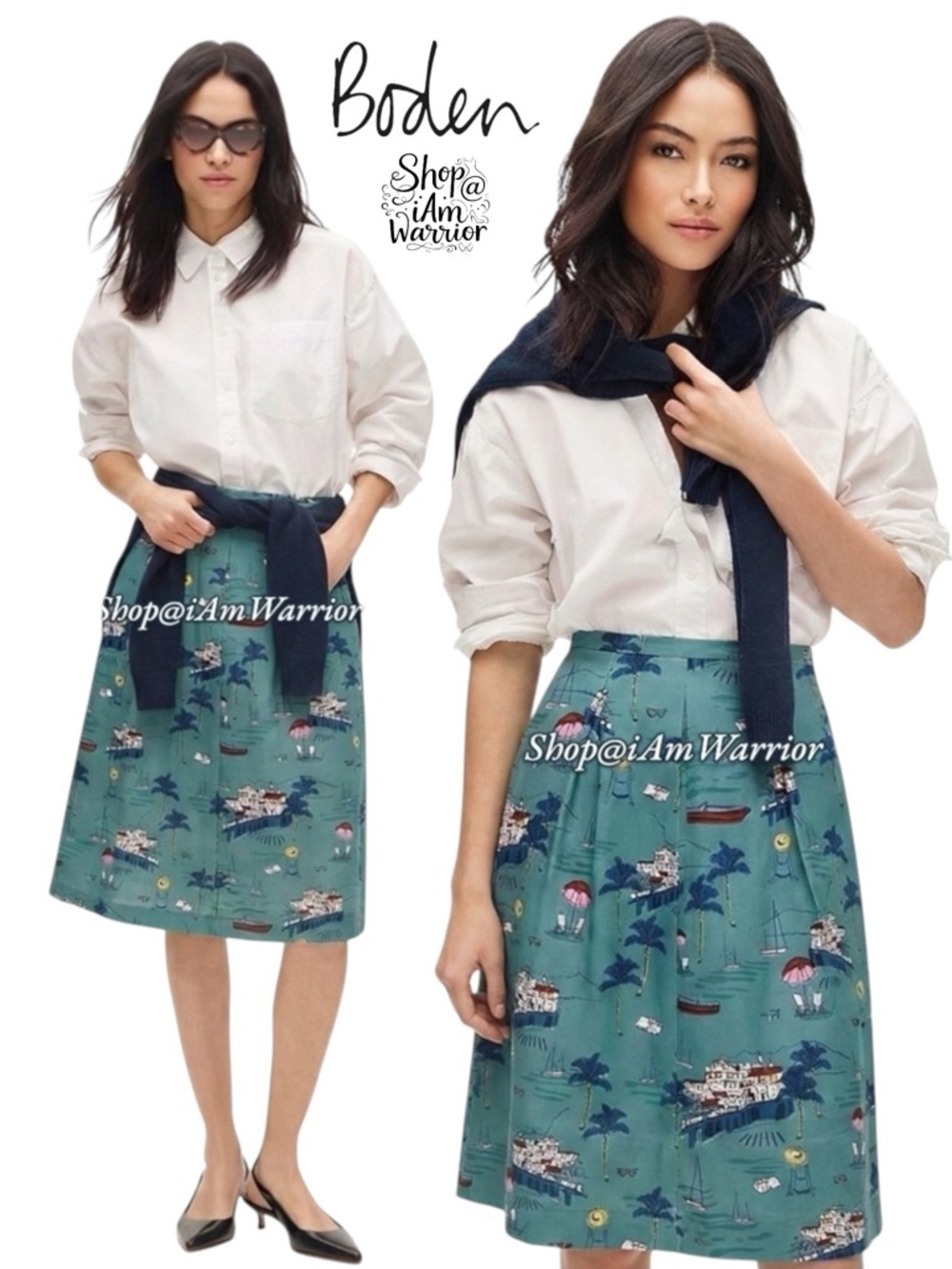 Boden a-line cotton blue midi skirt in coastal/Rivera print *shop@iamwarior - Picture 3 of 11